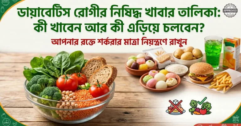 ডায়াবেটিস রোগীর নিষিদ্ধ খাবার তালিকা ও স্বাস্থ্যকর খাবারের চিত্র।